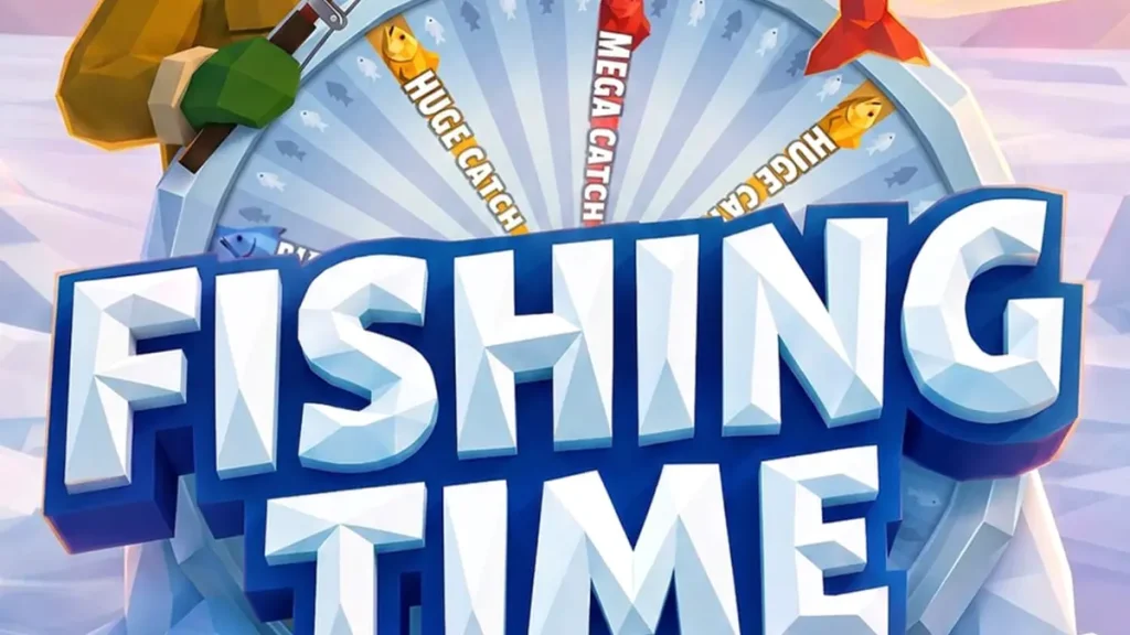Interface do jogo Fishing Time em um smartphone mostrando a roda de bônus e o cenário nórdico