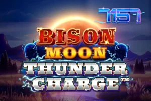 Cena cinematográfica do slot Bison Moon: Thunder Charge com relâmpagos e um búfalo majestoso.
